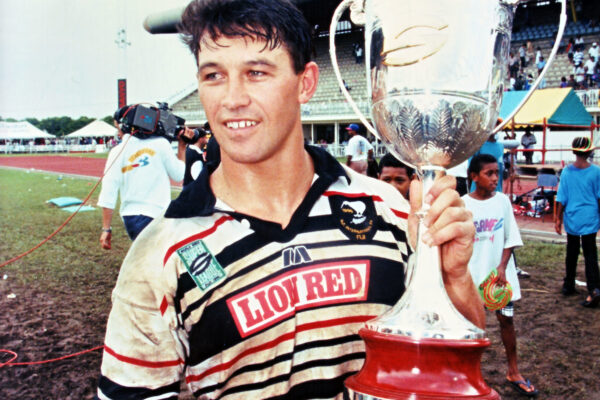 Captain Sean Hoppe with the trophy after New Zealand win the final against Papua New Guinea, Super League World Nines, National Stadium, Suva, Fiji. 22-24 February 1996. © Copyright Photo: www.photosport.nz